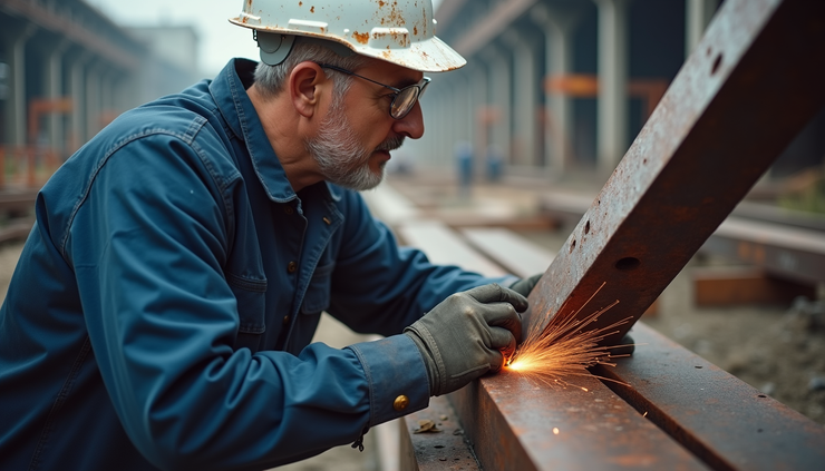 High angle view of a quality inspector checking steel welds on a construction site