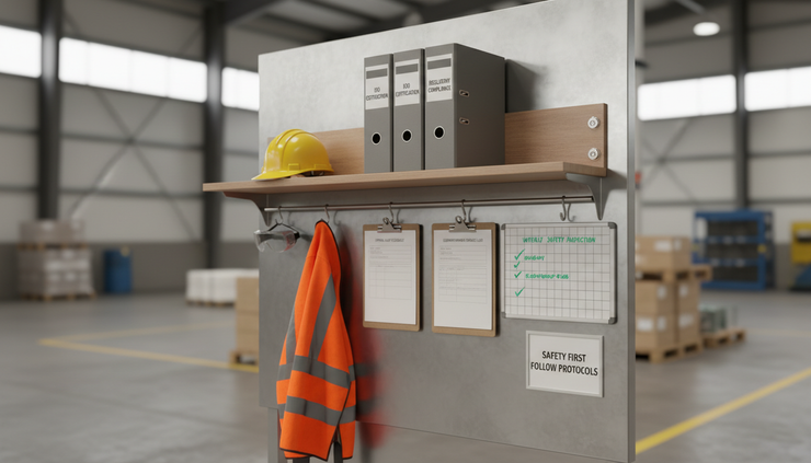 Eye-level view of a warehouse safety station with labelled folders and checklists.