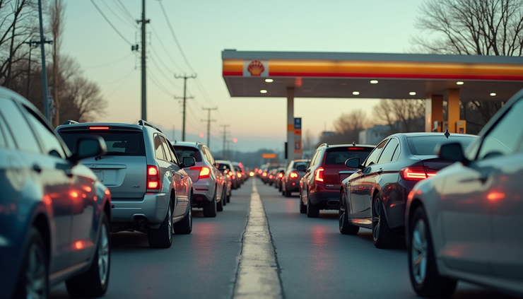 Eye-level view of a gas station with long queues of cars waiting for fuel