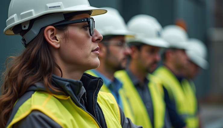 Close-up view of a safety training session with workers wearing helmets and reflective vests