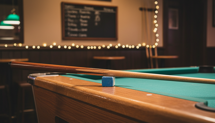 Side view of a cue resting on the rail beside a chalk cube and a small queue board in a bar.