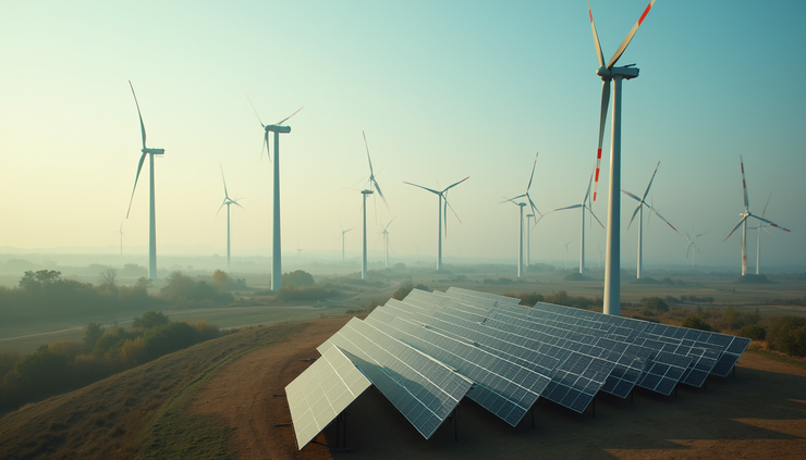 High angle view of wind turbines and solar panels in a rural landscape
