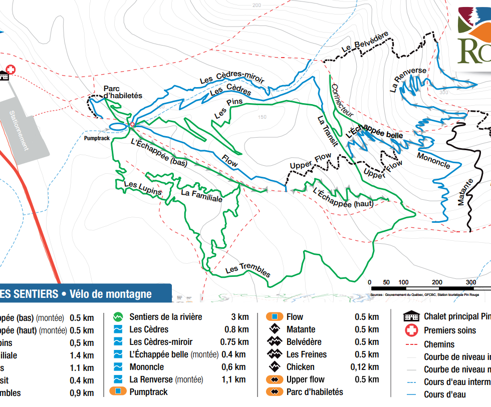 Carte des sentiers de vélo de montagne de la Station touristique Pin Rouge - Gaspésie 2024