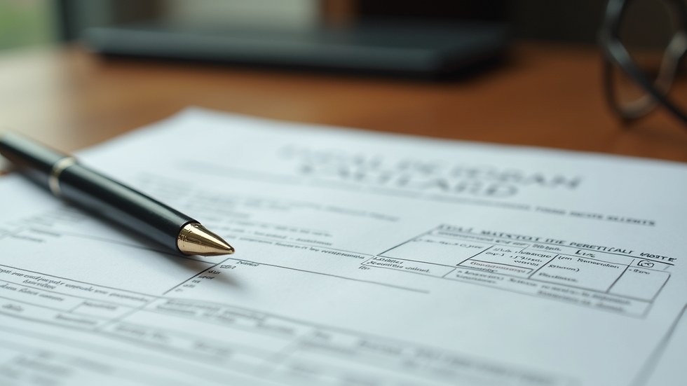 Close-up view of legal documents and a pen on a wooden desk