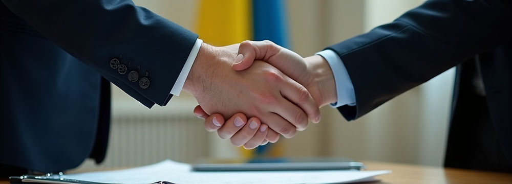 Business handshake over documents in front of a flag.