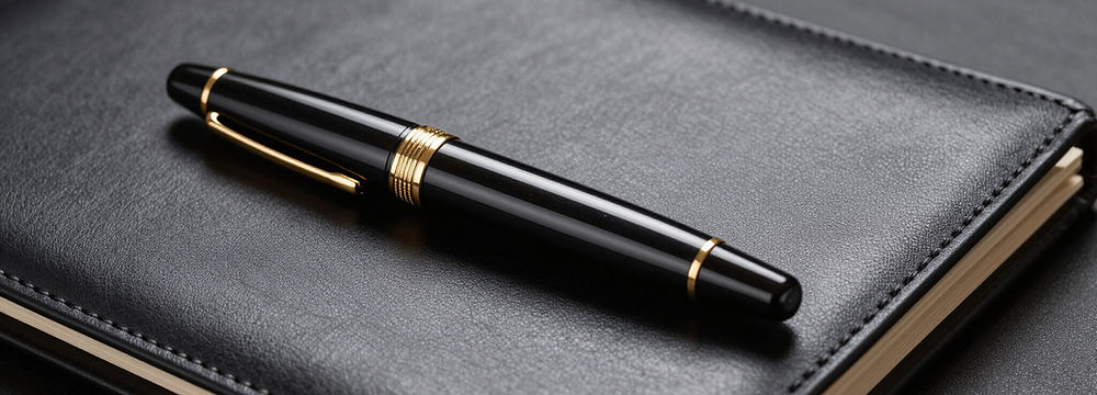 Black fountain pen resting on a leather notebook