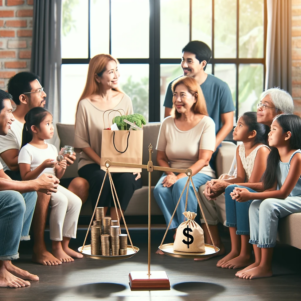 a family discussing saving and spending money responsibly