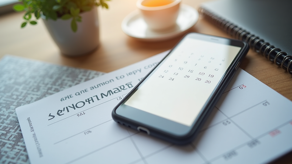 Close-up view of a calendar and smartphone showing a scheduled virtual therapy appointment