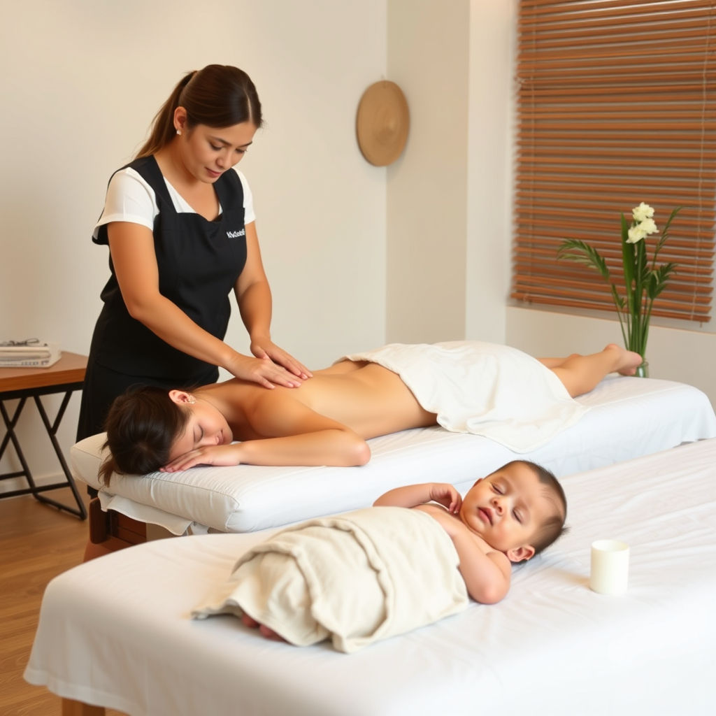 Postnatal recovery massage supporting body healing and relaxation after childbirth.