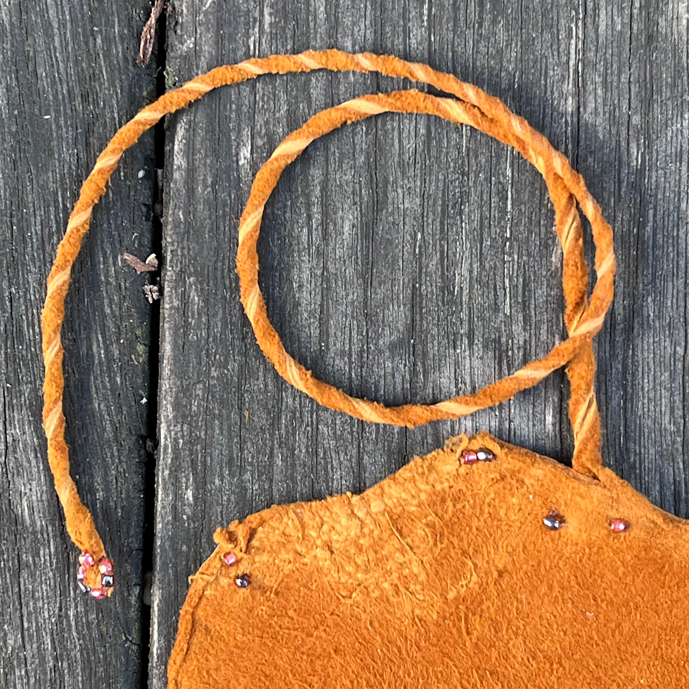 Thumbnail: Wild deerhide pouch, glazed brown and dusty pink beads