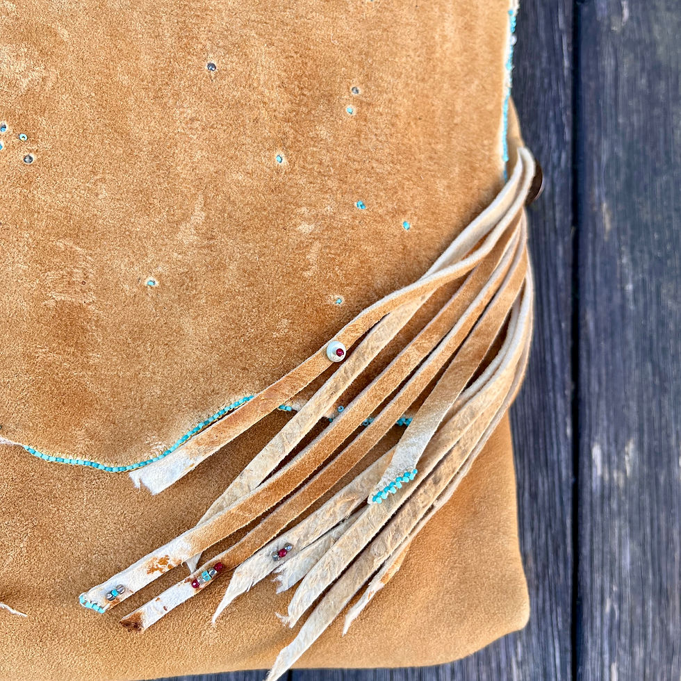 Thumbnail: "And Life Loves You", wild brain tanned deerhide bag and turquoises beads