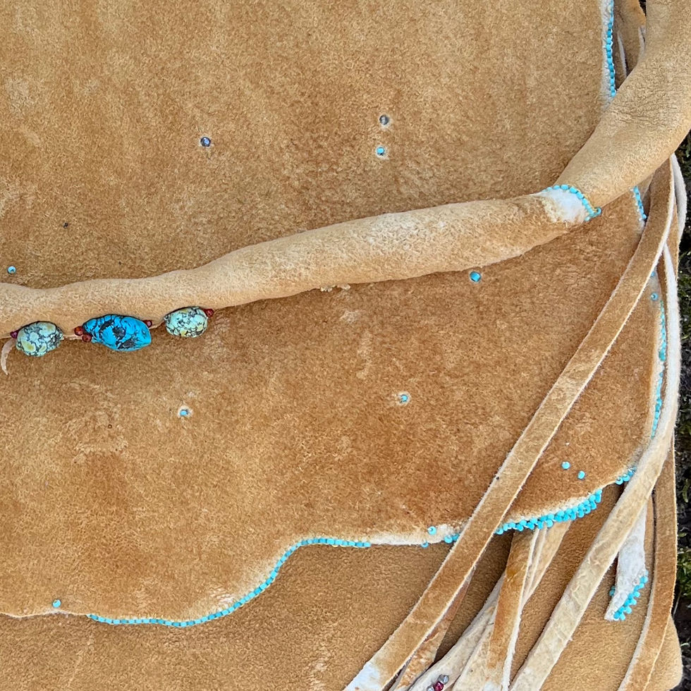 Thumbnail: "And Life Loves You", wild brain tanned deerhide bag and turquoises beads