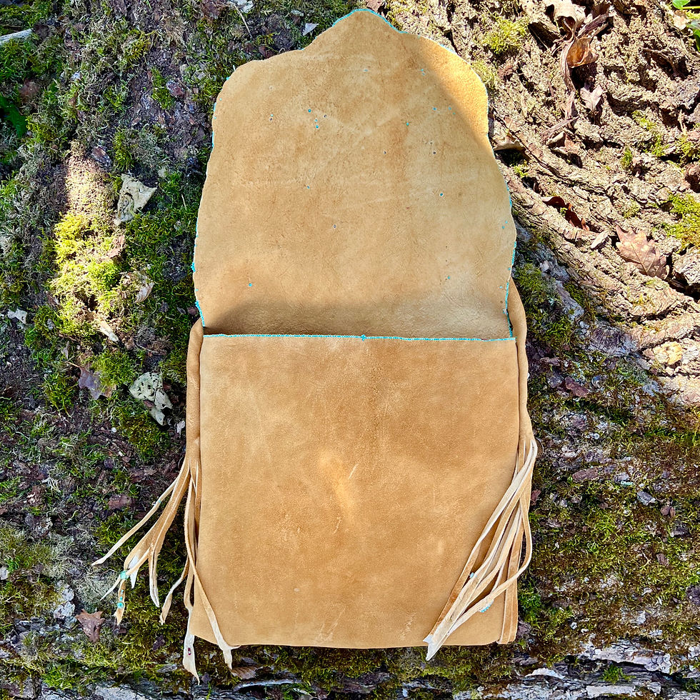 Thumbnail: "And Life Loves You", wild brain tanned deerhide bag and turquoises beads