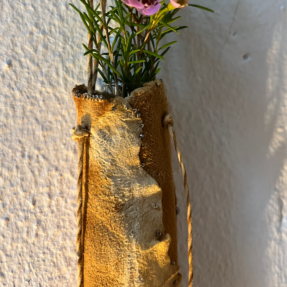 Thumbnail: Wild deerhide hanging vase, antique silver beads