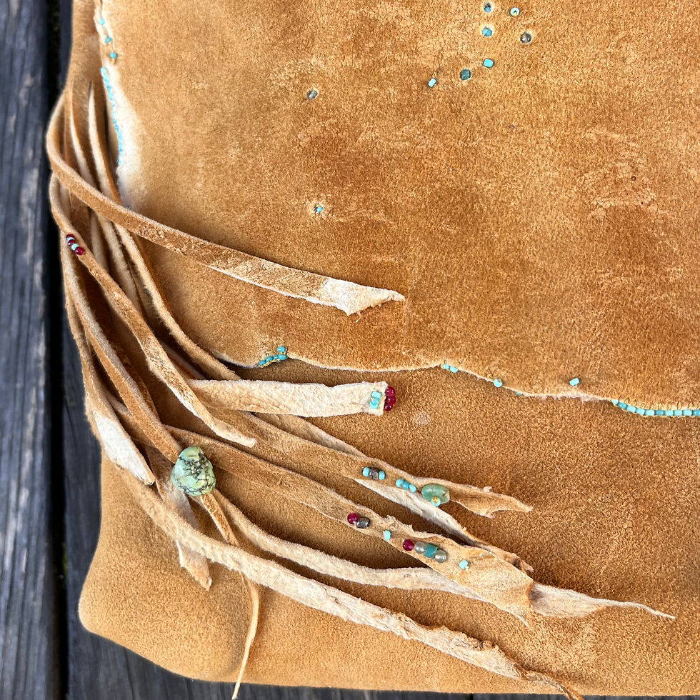 Thumbnail: "And Life Loves You", wild brain tanned deerhide bag and turquoises beads