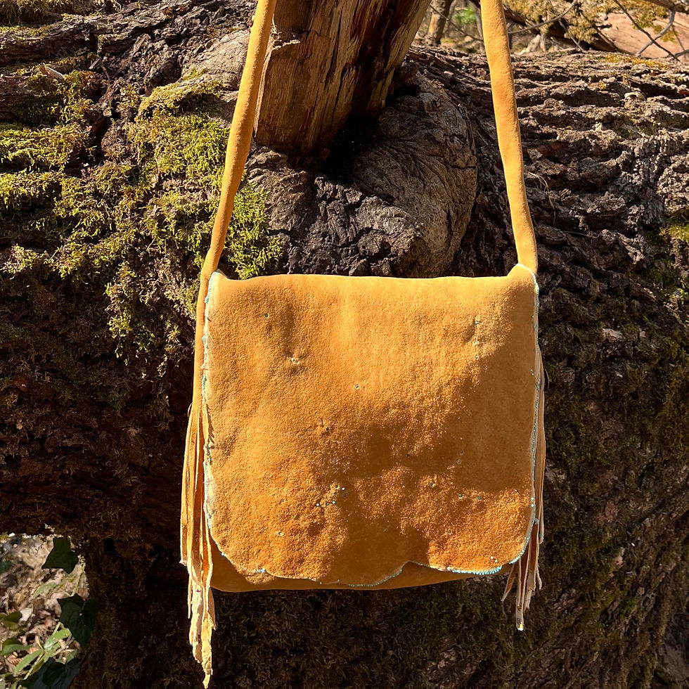 Thumbnail: "And Life Loves You", wild brain tanned deerhide bag and turquoises beads