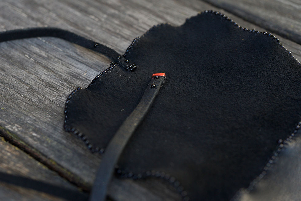 Thumbnail: Wild deerhide pouch, black beads and antique genuine coral