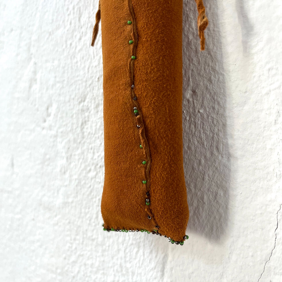 Thumbnail: Wild deerhide hanging vase, green and antique silver beads