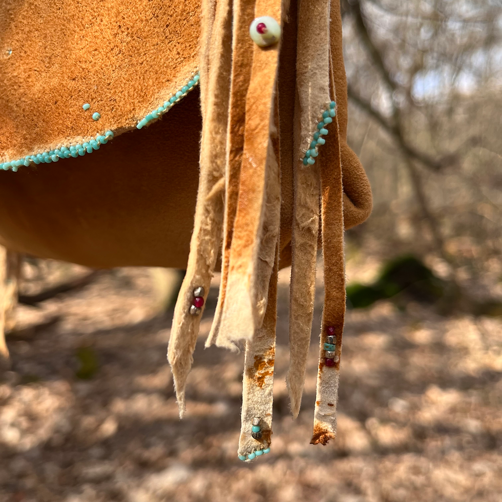 Thumbnail: "And Life Loves You", wild brain tanned deerhide bag and turquoises beads