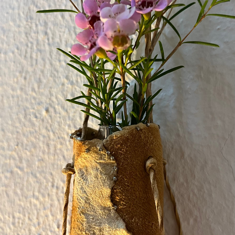 Thumbnail: Wild deerhide hanging vase, antique silver beads