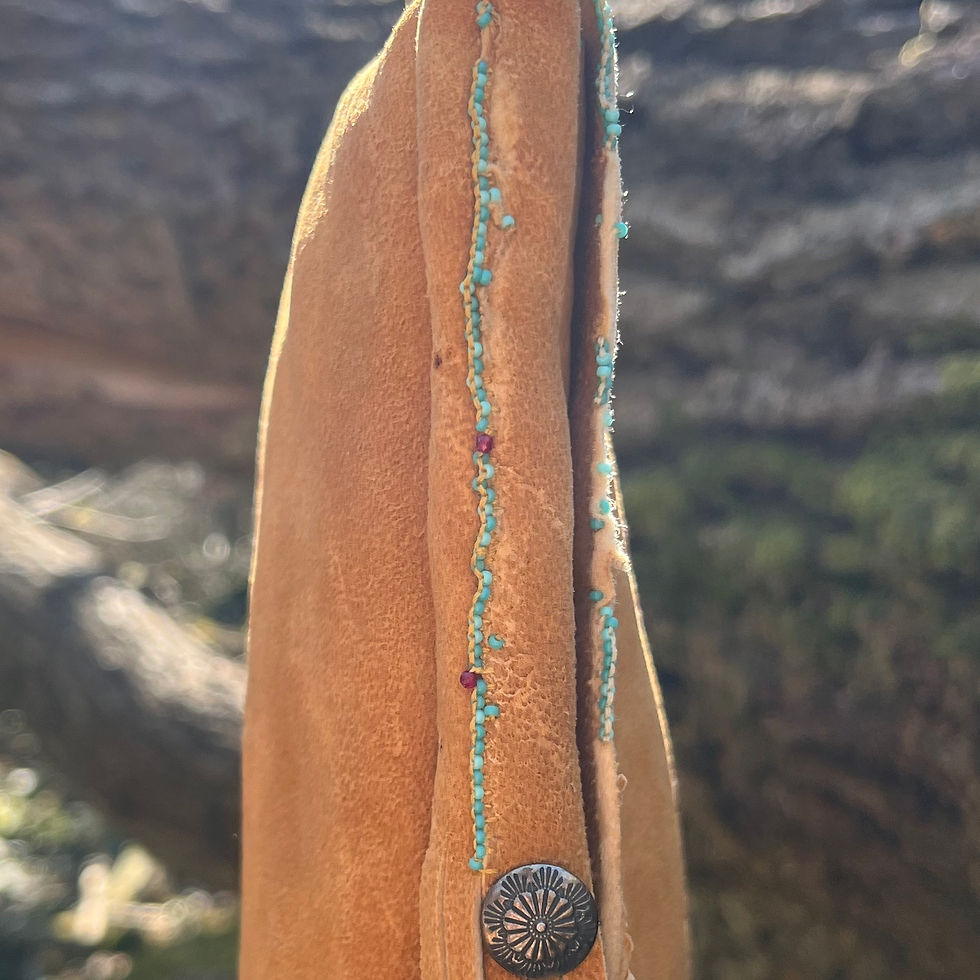 Thumbnail: "And Life Loves You", wild brain tanned deerhide bag and turquoises beads