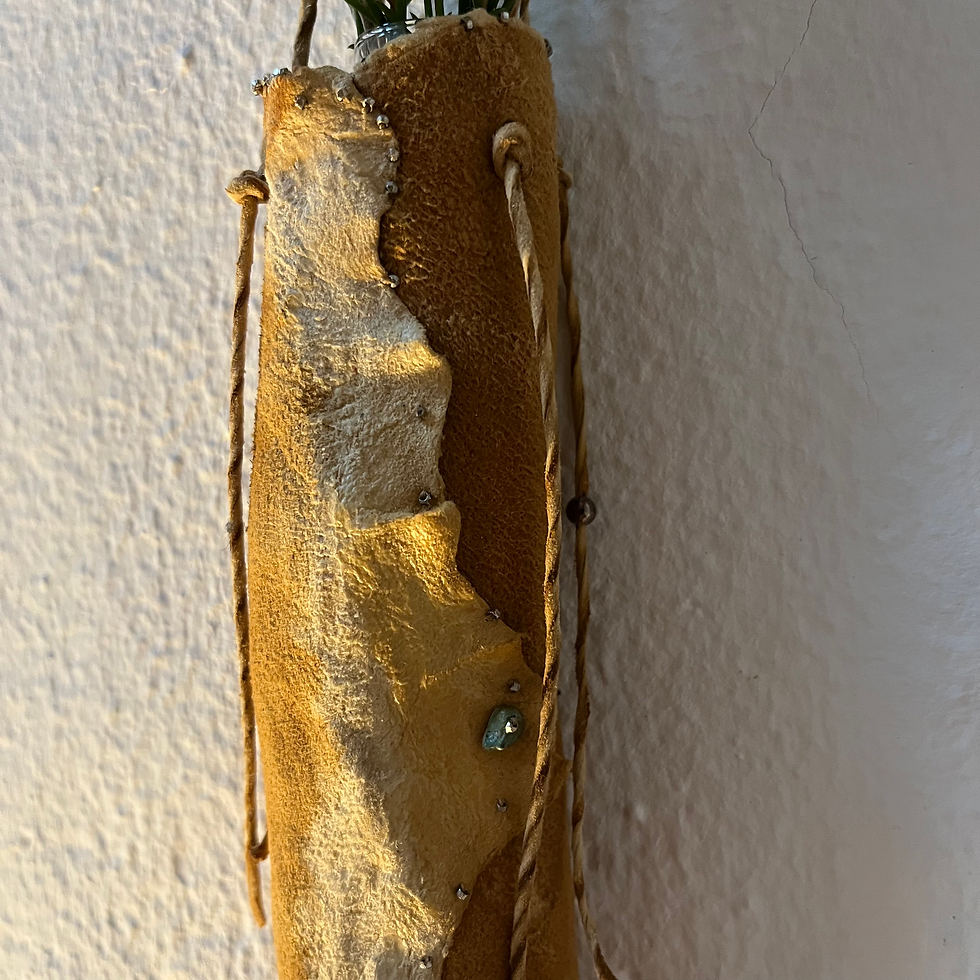 Thumbnail: Wild deerhide hanging vase, antique silver beads