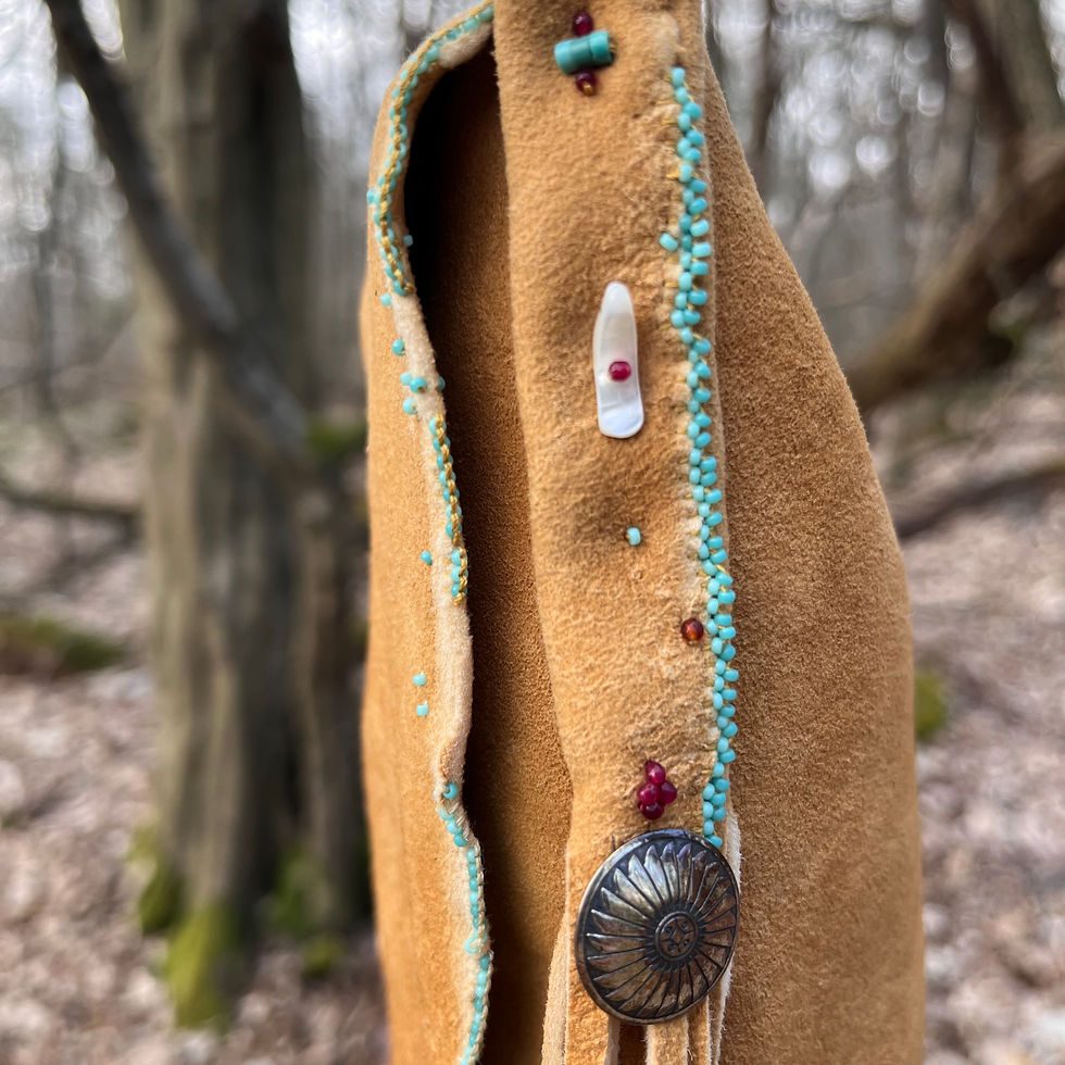 Thumbnail: "And Life Loves You", wild brain tanned deerhide bag and turquoises beads