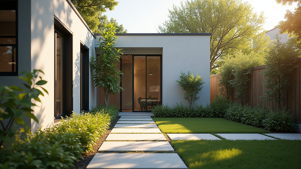 Eye-level view of a modern ADU with a small garden