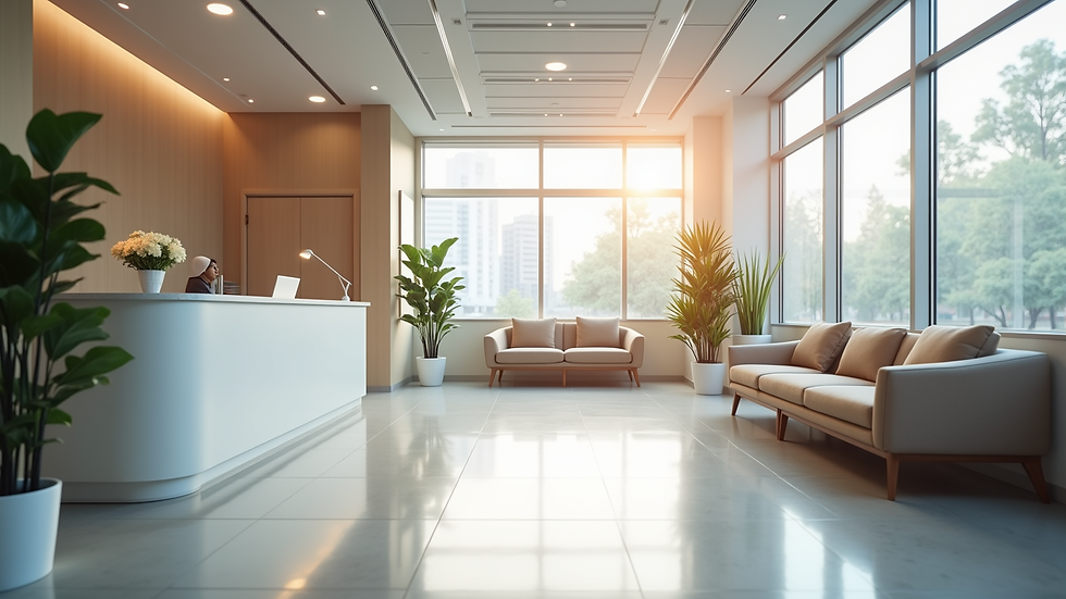 Eye-level view of a modern clinic reception area with comfortable seating