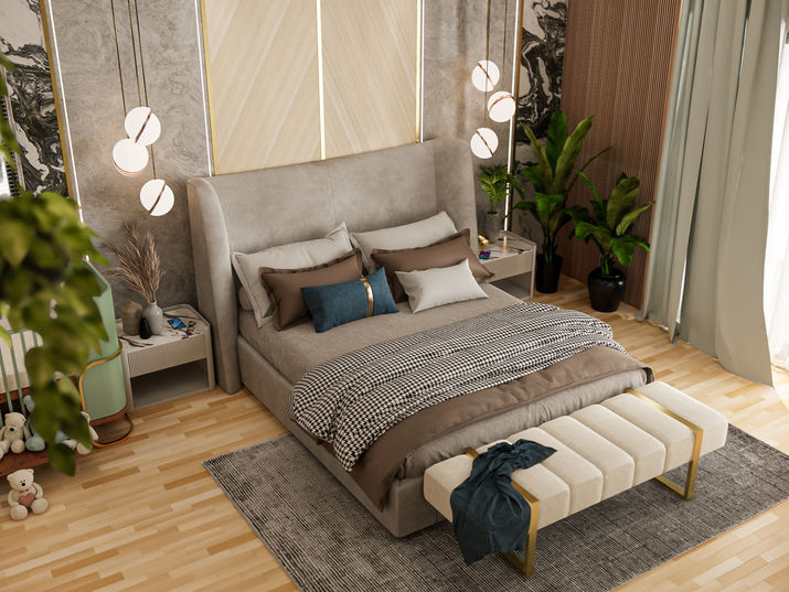 A serene bedroom showcasing a king-sized bed, modern lighting, a crib, and a couple of plants, creating a peaceful and relaxing atmosphere.