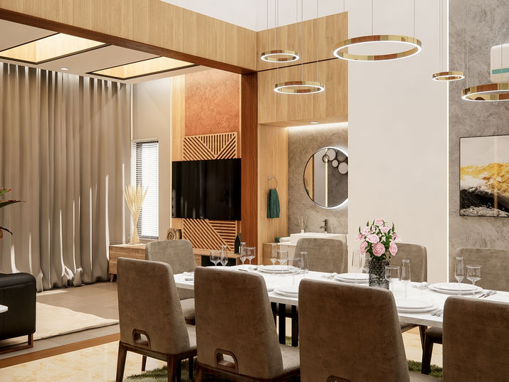 A modern dining room interior with wooden design elements, ring chandelier, and elegant table setting. The room is connected to a TV lounge.