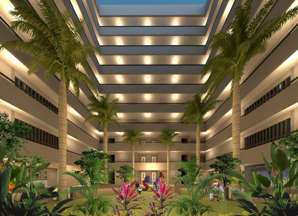 साई कोर्ट इमारतीच्या आतील दृश्याचा फोटो