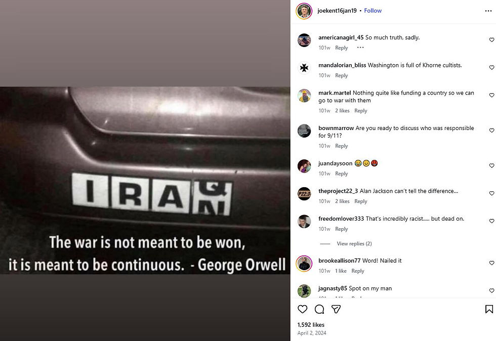 A 2024 Instagram post from Joe Kent featuring an 'IRAN' bumper sticker and a George Orwell quote about continuous war, used to show his long-standing skepticism of Middle East conflicts.