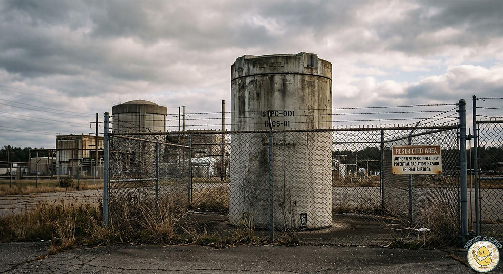 A tall, aged concrete nuclear fuel dry storage cask is enclosed behind a rusted chain-link fence with a 'RESTRICTED AREA' warning sign. In the background under a cloudy sky is a decommissioned nuclear power plant with two reactor domes. This illustrates the national impasse over storing 90,000 metric tons of stranded spent fuel.