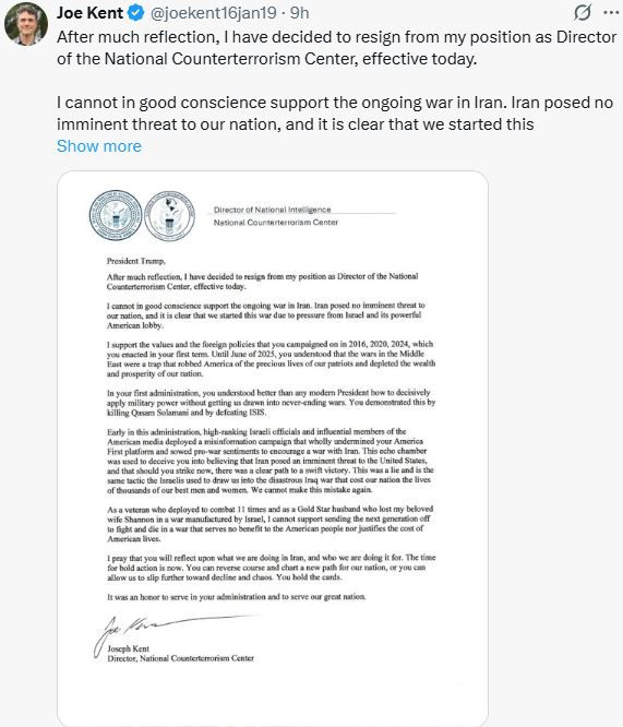 A screenshot of Joe Kent’s official resignation letter as NCTC Director, posted to X on March 17, 2026, citing opposition to the war in Iran and concerns over Israel's influence.