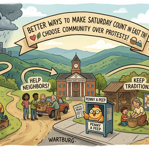 Cartoon illustration for Penny a Peep news showing a comparison between high-rise DC and NYC political organizers and local East Tennessee community life in Morgan County. The image features a magnifying glass over 'No Kings' protest signs and ActBlue funding symbols, contrasted with neighbors in Wartburg planting gardens, volunteering, and hiking in Frozen Head State Park. It encourages choosing local values over outside-funded political agendas.