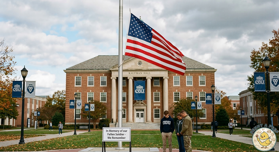 Old Dominion University campus with the American flag at half-mast, illustrating the 2026 ODU tragedy and federal security investigation for The Penny a Peep.