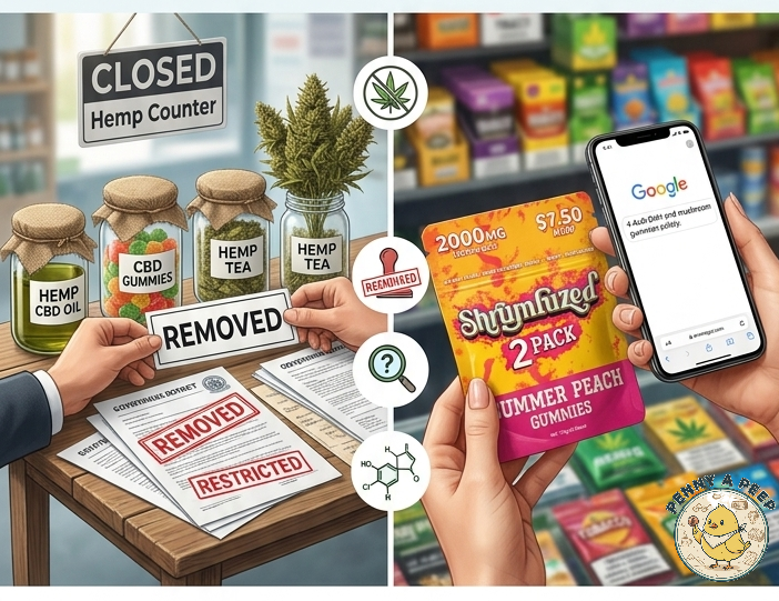 An illustration comparing the effect of Tennessee hemp regulations on the marketplace. On the left, natural hemp flower, oils, and CBD gummies are being stamped "REMOVED" and "RESTRICTED," while the storefront behind them has a "CLOSED" sign. On the right, in a brightly colored novelty store, a customer simultaneously holds a "Shrunfuzed 2 Pack SUMMER PEACH GUMMIES" packet and views a Google search for "4-AcO-DMT and mushroom gummies safety" on their phone, highlighting a shift to gray-market and synthetic alternatives.