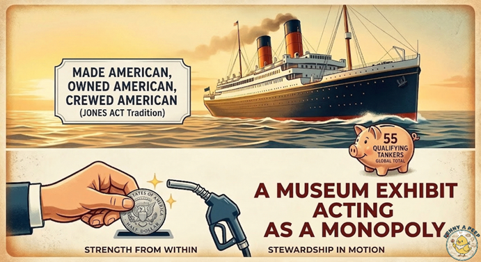 Vintage-style political illustration with text arguing that the Jones Act is a 'museum exhibit acting as a monopoly.' It includes a large steamship, a hand inserting a coin into a fuel pump slot, and a piggy bank with '55 qualifying tankers' text.