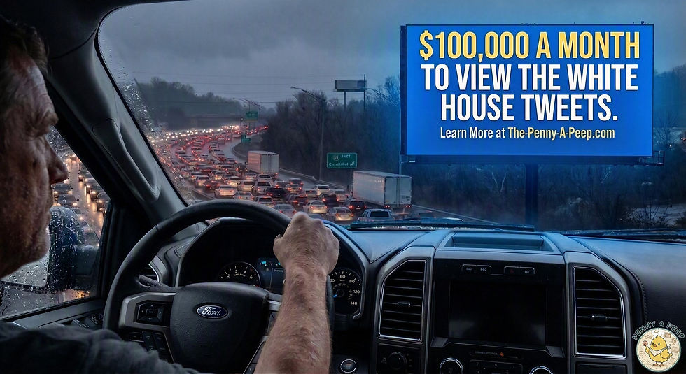A photo from inside a driver's seat looking at gridlocked highway traffic and a digital billboard with a message about the $100,000 monthly cost for White House tweets.