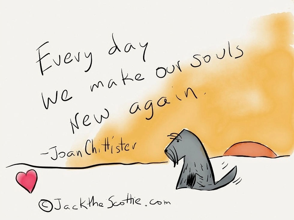 A cartoon dog gazes at a sunset with the quote "Every day we make our souls new again." Heart symbol and orange sky in the background.