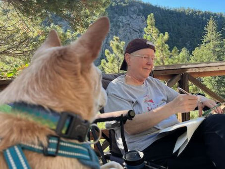 Dog in foreground watches a person writing in a chair on a mountain deck, with green trees and rocky cliffs under blue sky.