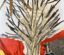 Mixed media artwork features a collage of a tree with newspaper text, overlaid with black and gold strokes, red accents, and a row of soldiers.