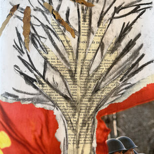 Mixed media artwork features a collage of a tree with newspaper text, overlaid with black and gold strokes, red accents, and a row of soldiers.