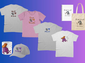 T-shirts, a cup, a hat, a notebook, and a tote bag with whimsical elephant graphics. Text includes "Work for Good" and "Be Kind" on a purple gradient background.