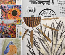 Colorful collage of a sunflower, bird, abstract patterns, and text. Includes art saying "All shall be well," set against a white background.