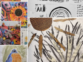 Colorful collage of a sunflower, bird, abstract patterns, and text. Includes art saying "All shall be well," set against a white background.