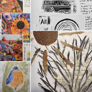 Colorful collage of a sunflower, bird, abstract patterns, and text. Includes art saying "All shall be well," set against a white background.