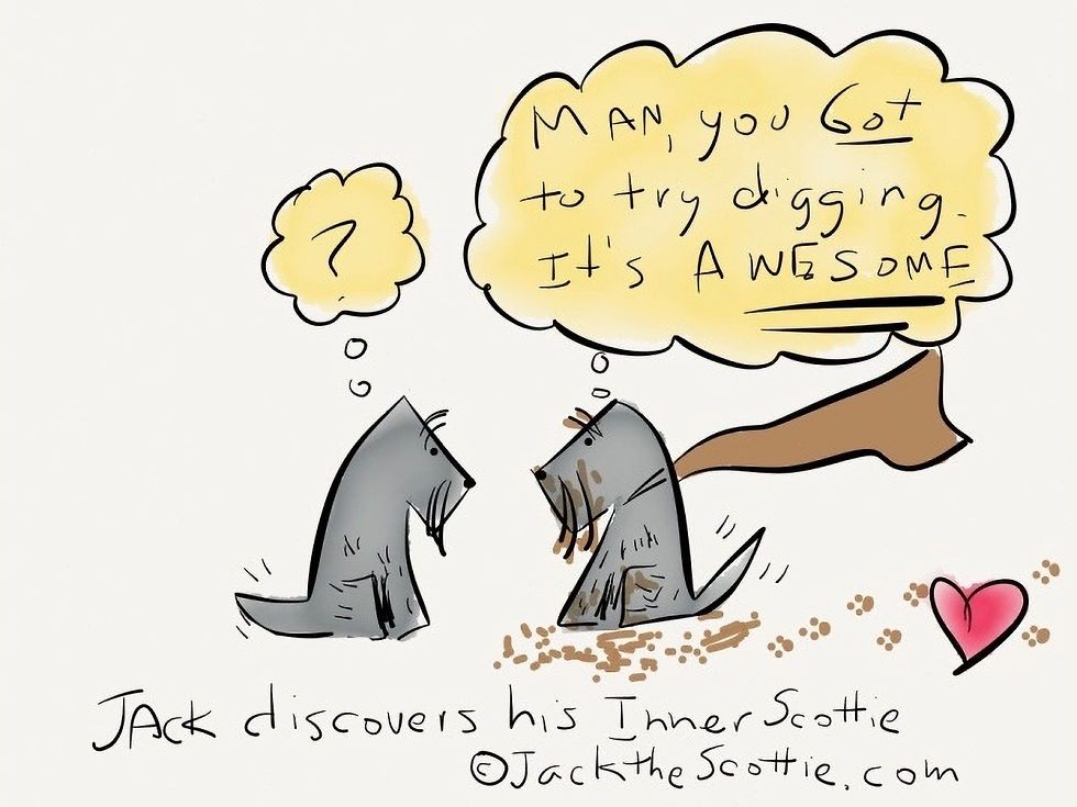 Two cartoon dogs with thought bubbles; one wonders, the other enjoys digging. Text says "MAN you Got to try digging." Heart symbol.