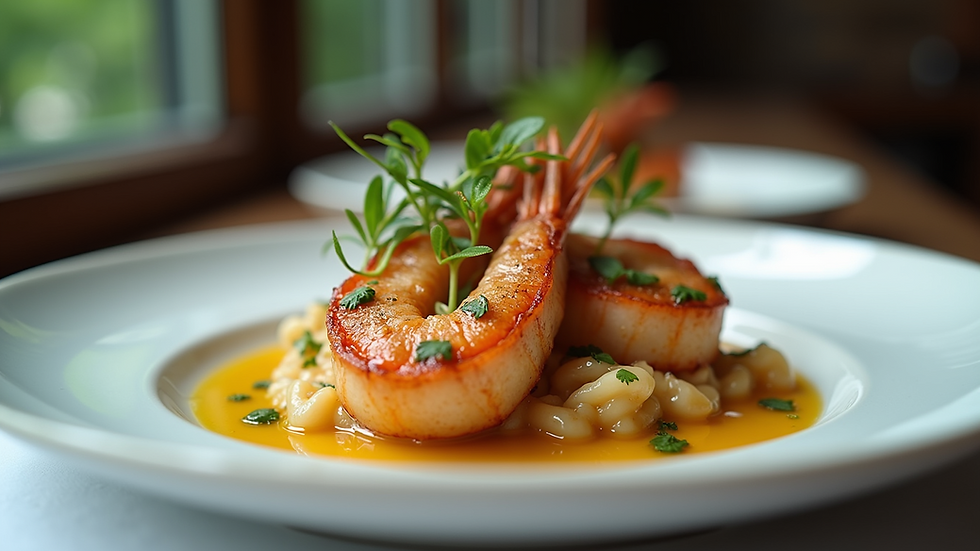 Eye-level view of a beautifully plated seafood dish
